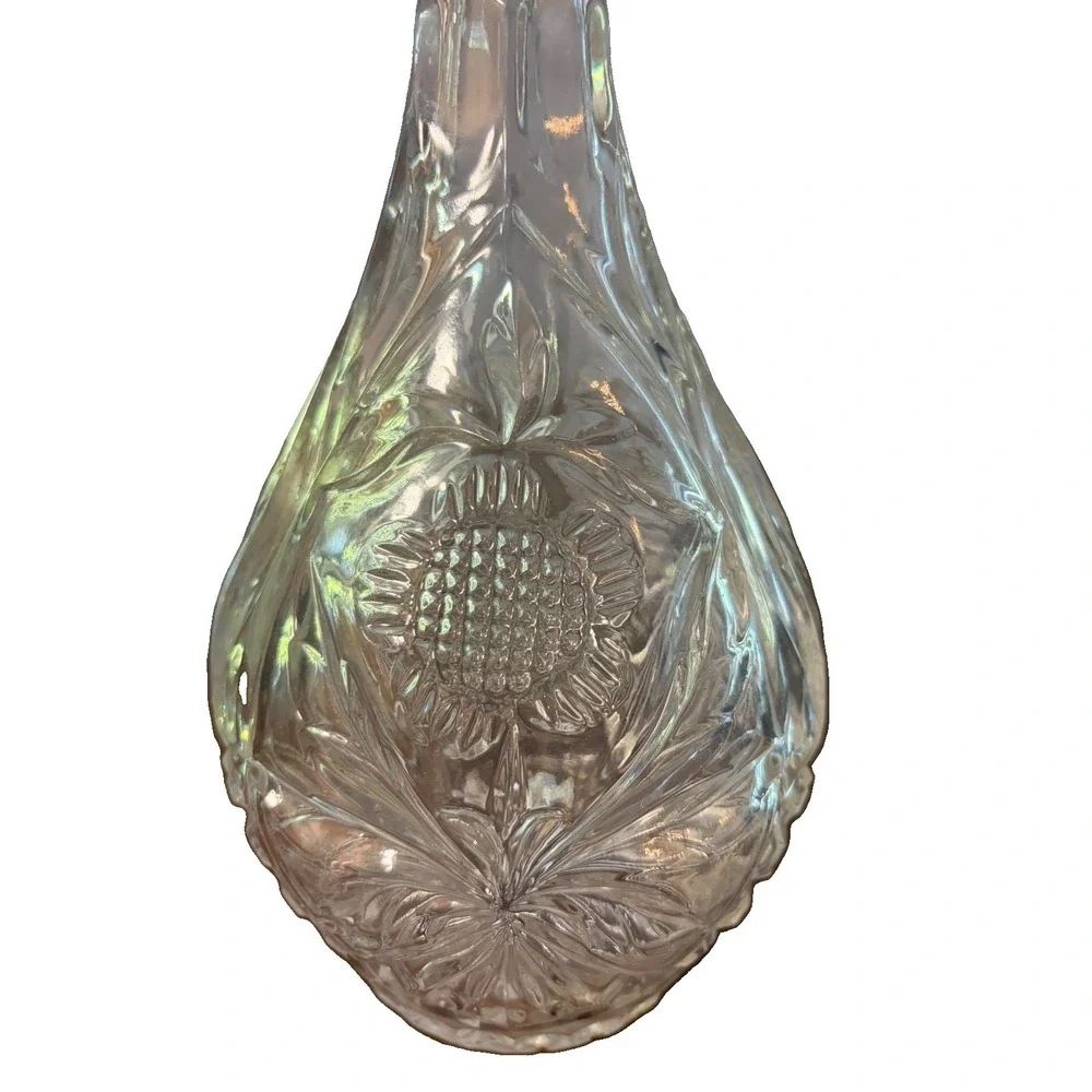 Vintage Clear Glass Decanter Sunflower Floral Pattern Stopper 15